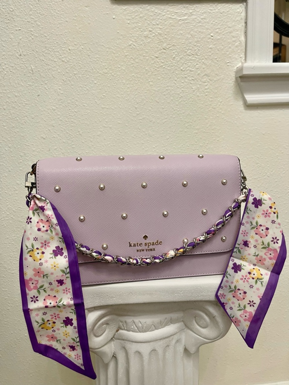 Bag Charm: Silver Chain Strap with purple Flower multi Scarf